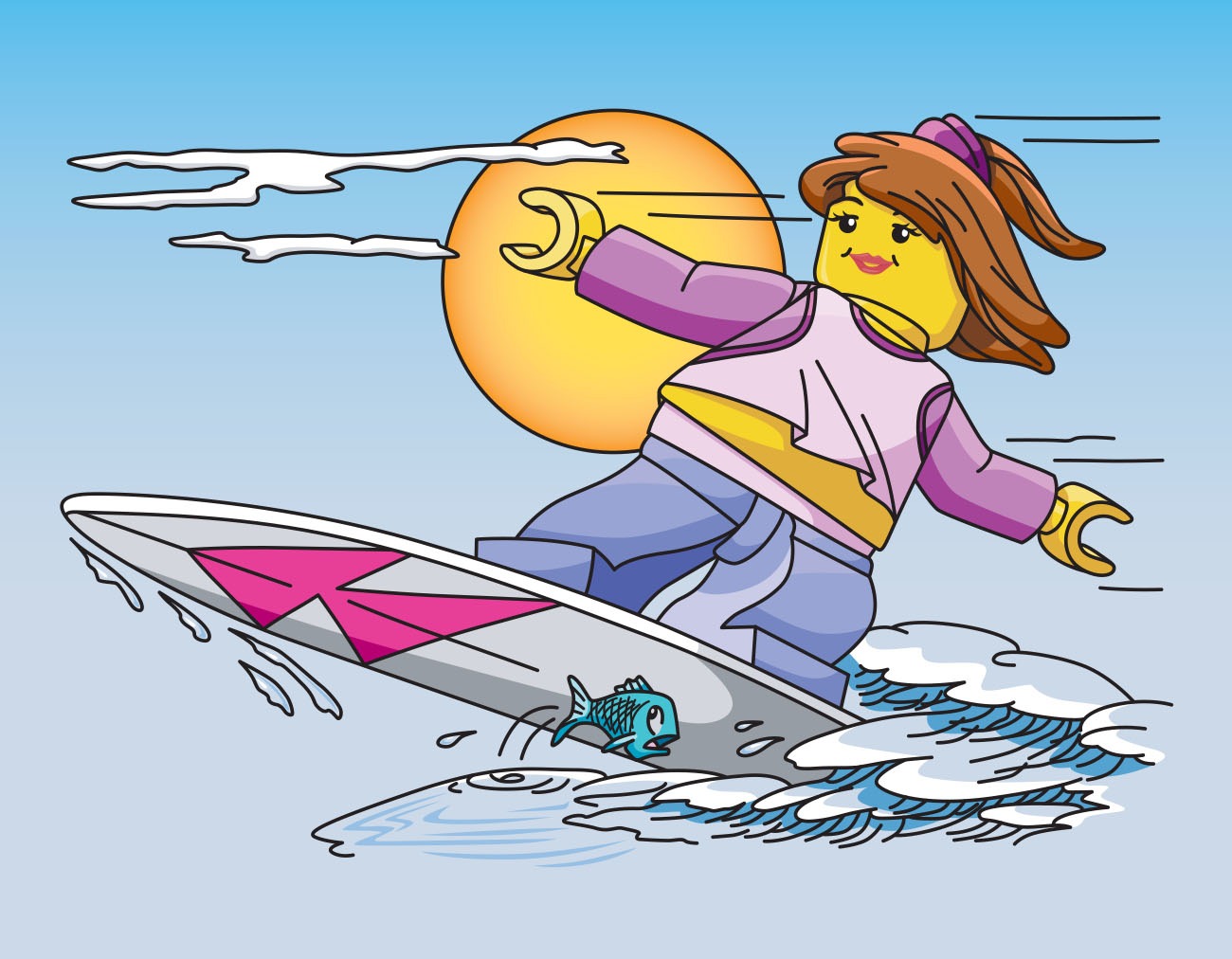 LEGO Girl surfing wave