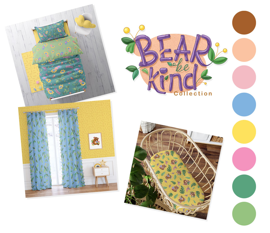 Bear Be Kind mock ups and colour swatches
