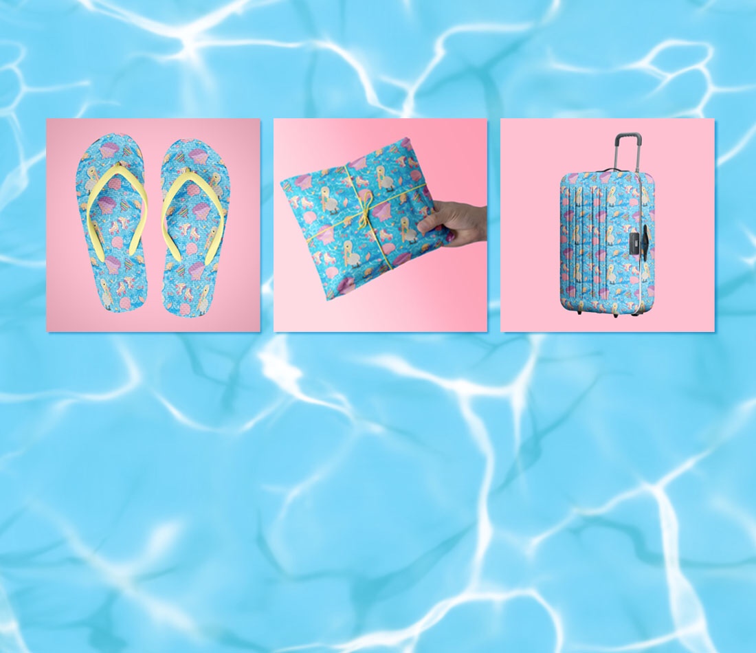 Shore Thing flip flops, giftwrap and suitcase