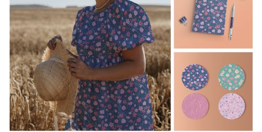 Remembering Rothbury dress, notebook and ceramics mockups